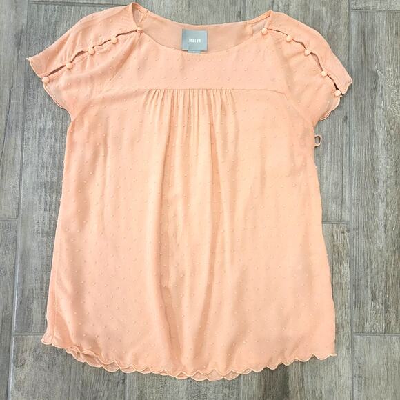 Anthropologie Maeve Top Womens Size 2 Swiss Dot Coral Button Scalloped Blouse - Picture 2 of 13